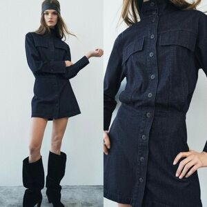 NWT Zara Denim Shirt Dress Long Sleeve Utility Mini Size S